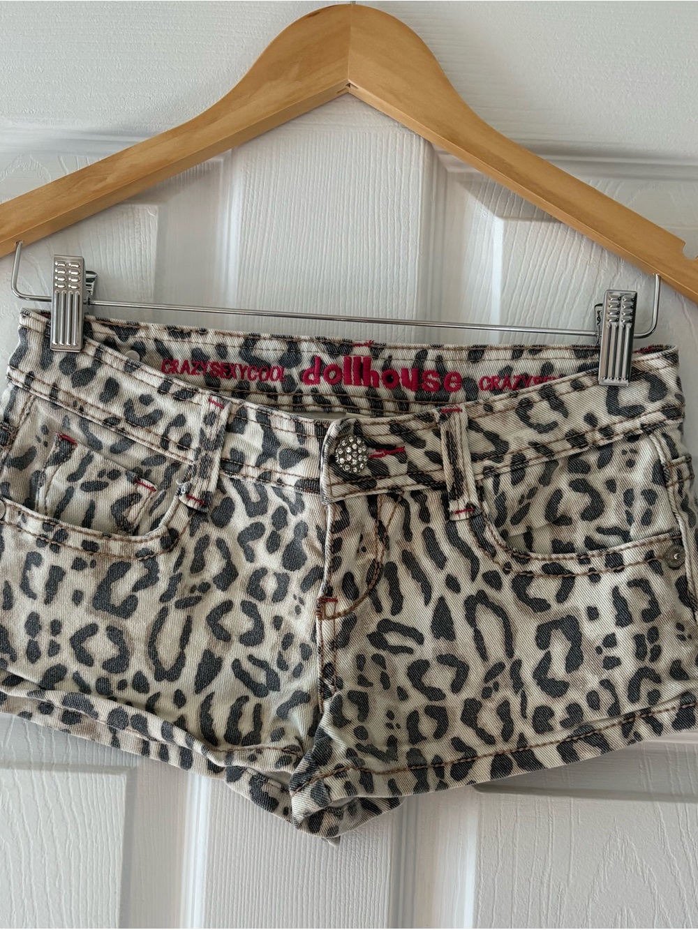 dollhouse Women's Leopard Print Denim Shorts